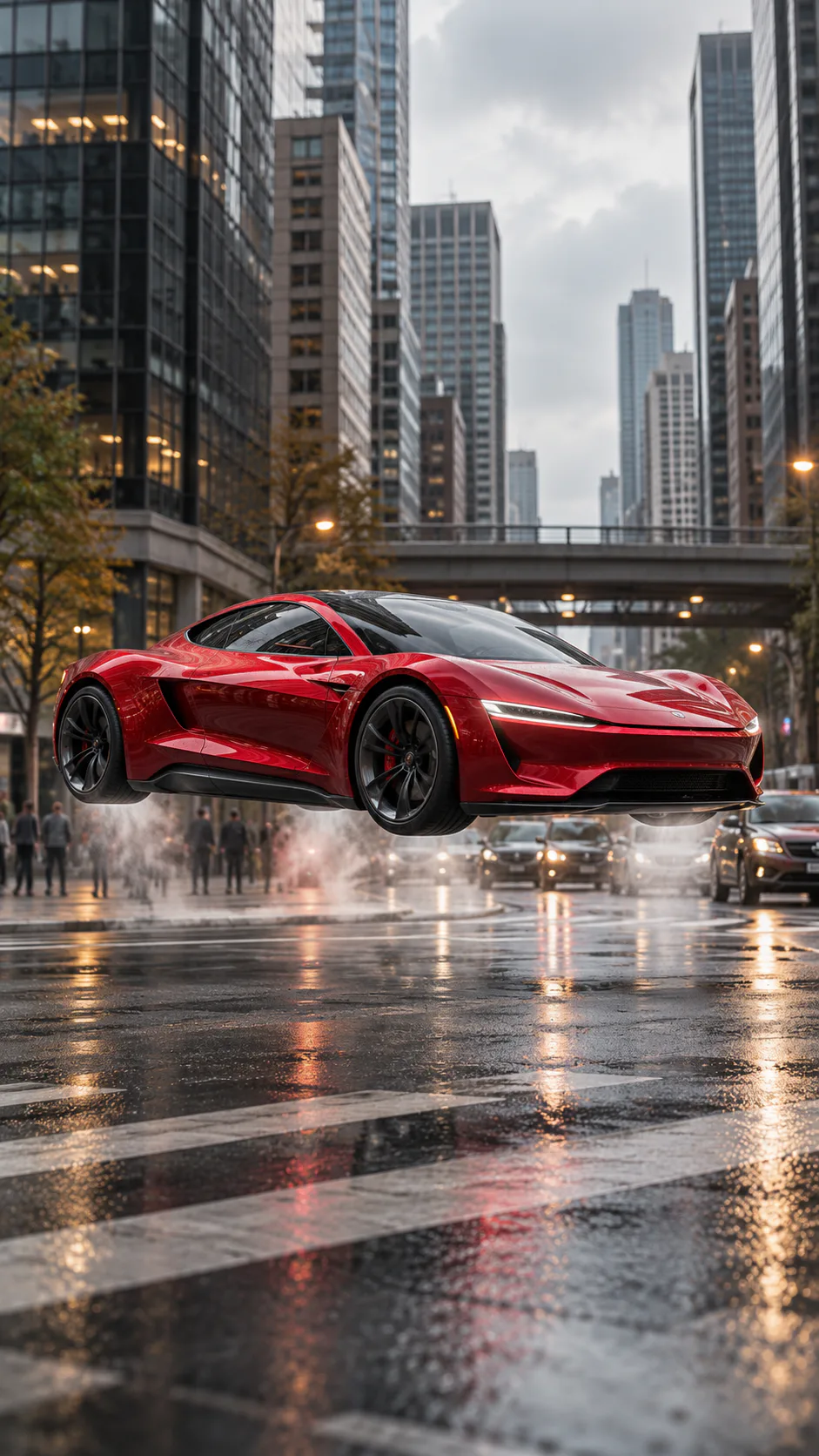 Tesla Roadster flying car video concept hovering above a rain-covered city street