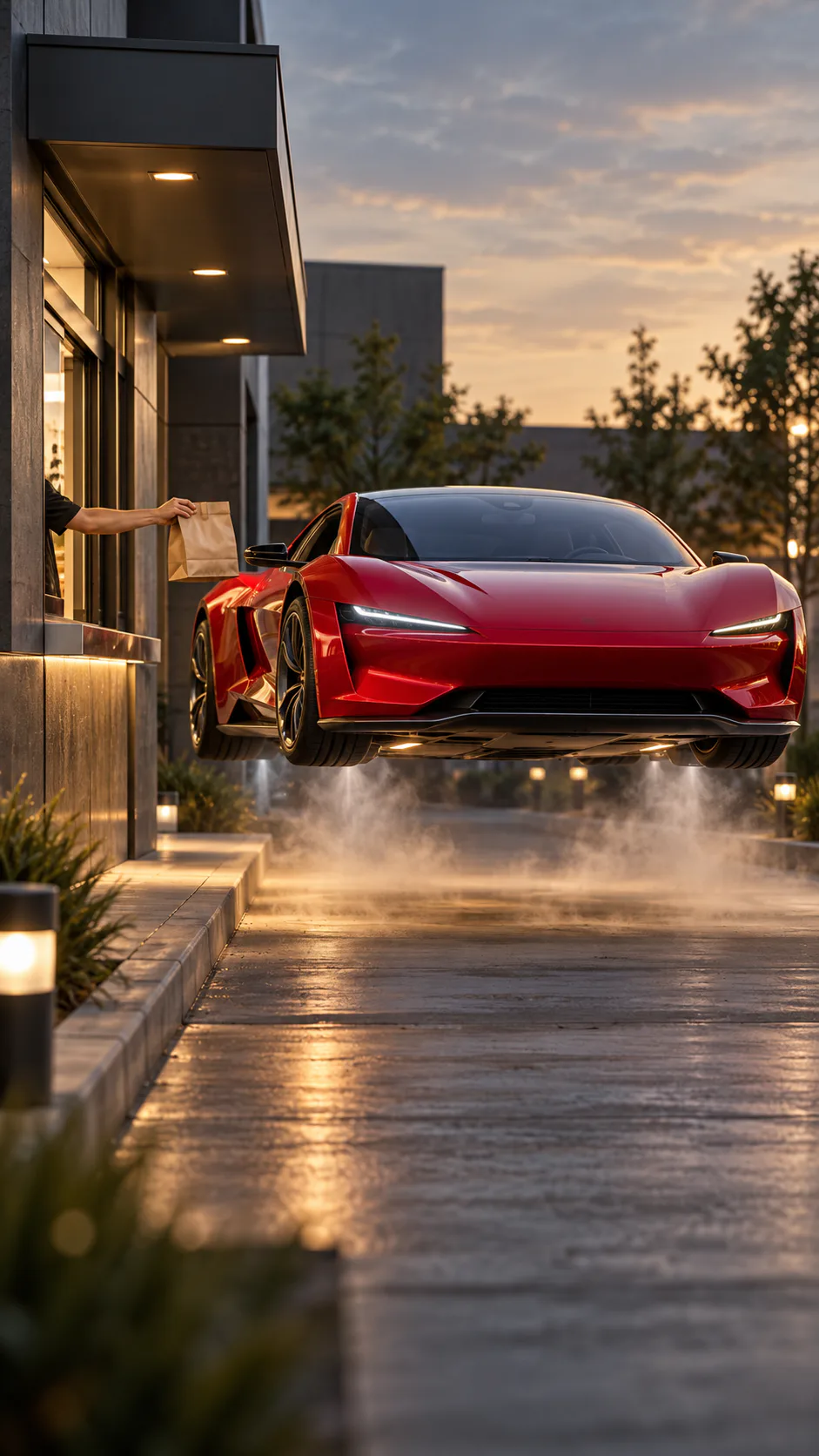 Tesla Roadster AI video generator scene of a red flying car hovering at a drive-through window