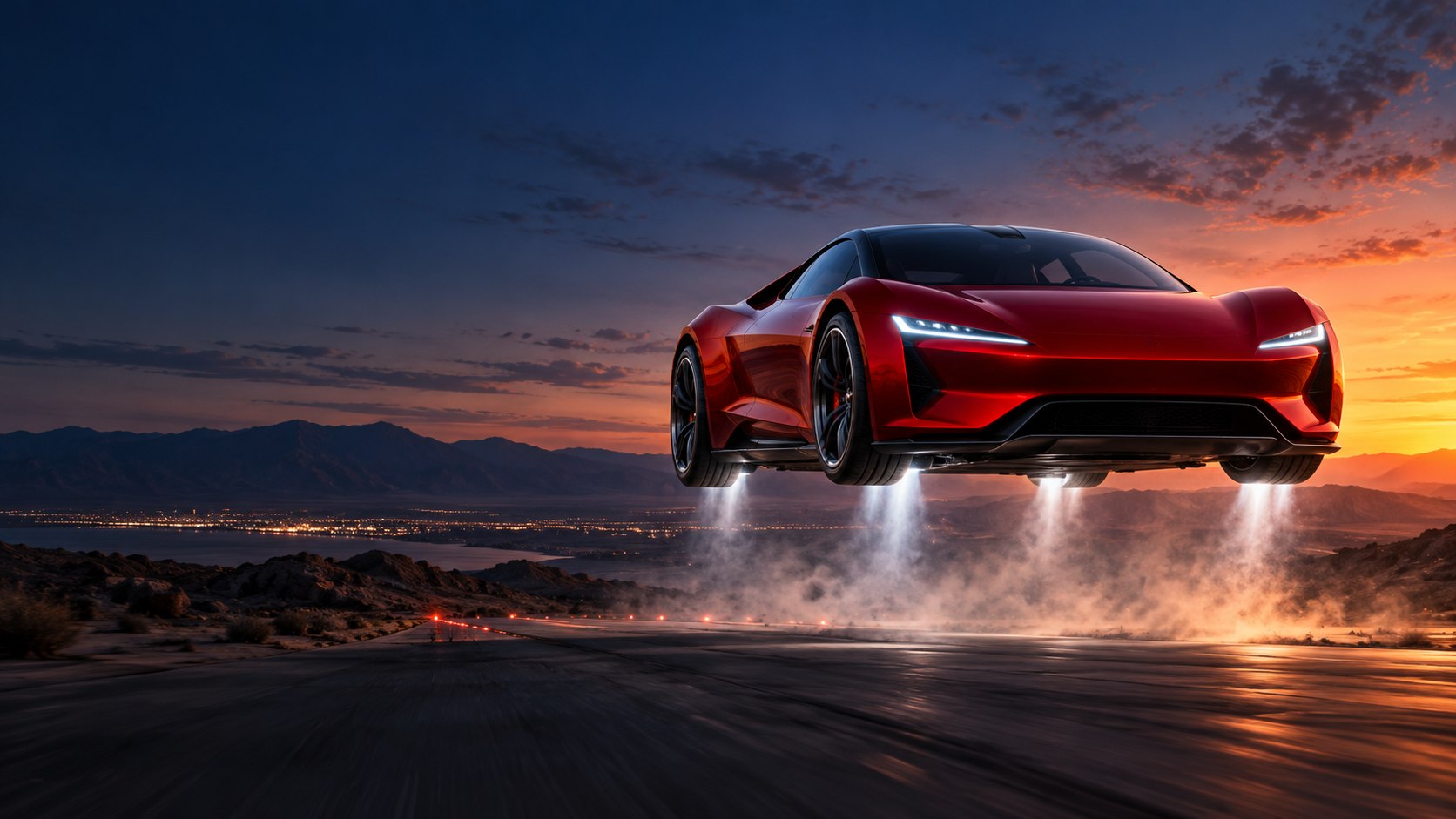 Tesla Roadster AI video generator concept showing a red flying car lifting above a desert road at sunset