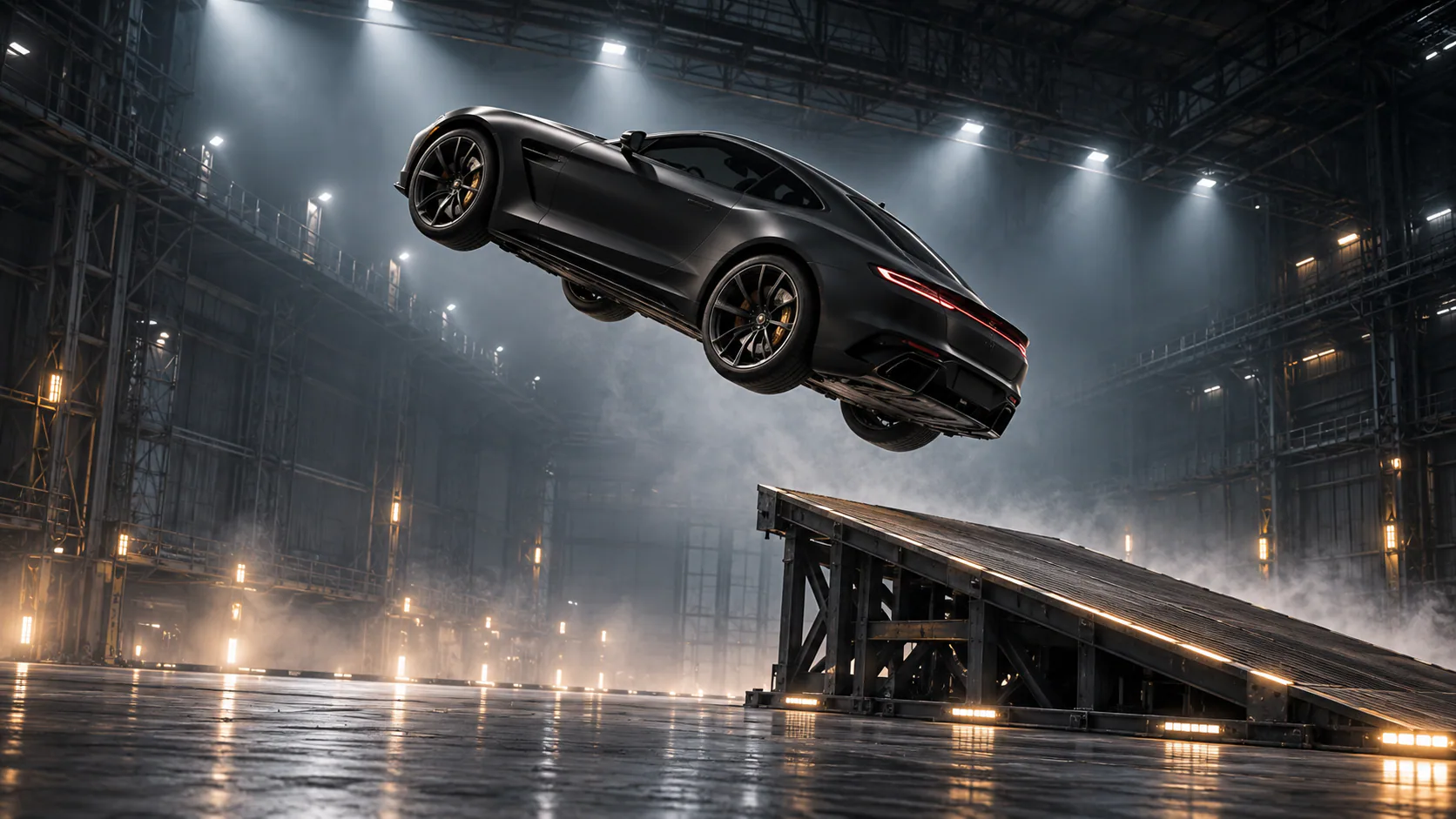 Tesla Roadster 飞行汽车视频示例：哑光黑电动 GT 在机库完成虚构坡道飞跃