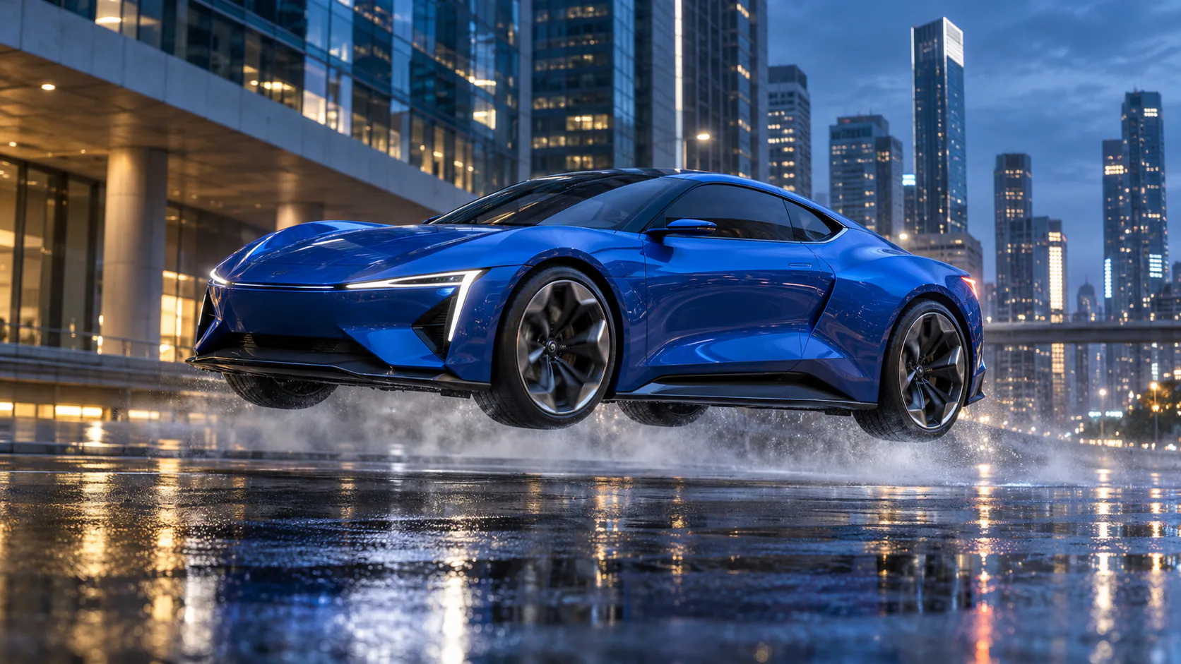 Tesla Roadster 飞行汽车 AI 视频示例：钴蓝色双门跑车悬停在雨后城市街道上方