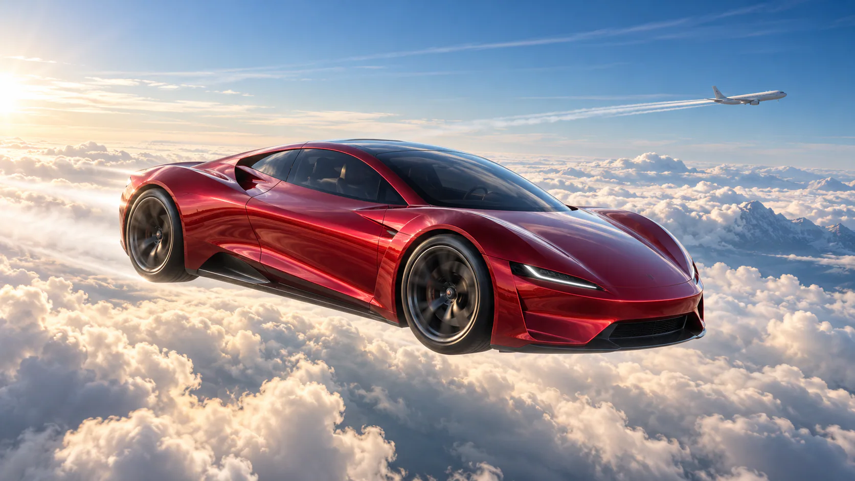 Tesla Roadster AI 视频生成器示例：虚构的新一代红色双门跑车飞越云海