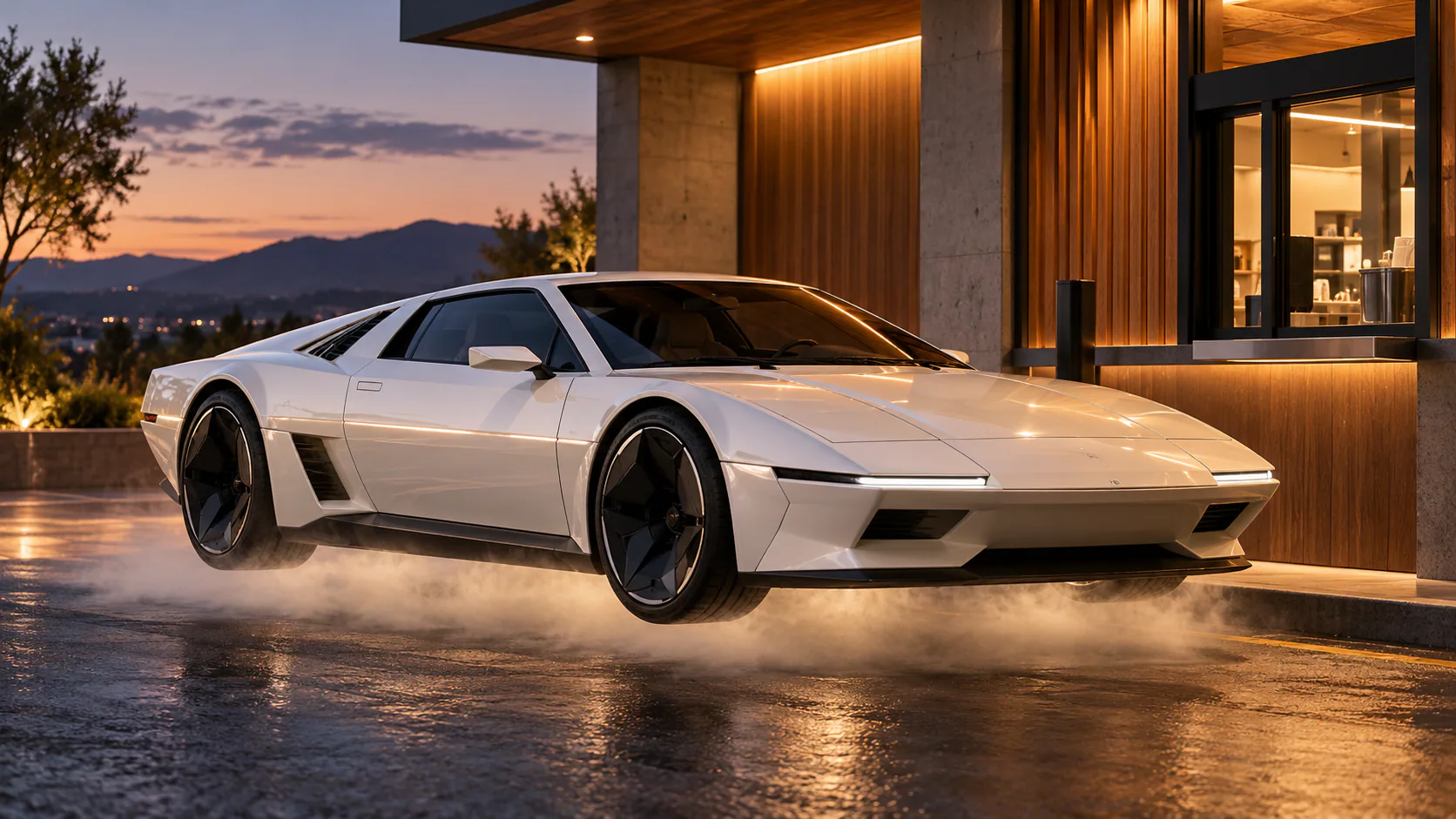 Tesla Roadster AI 视频生成器示例：珍珠白楔形跑车悬停在得来速窗口旁