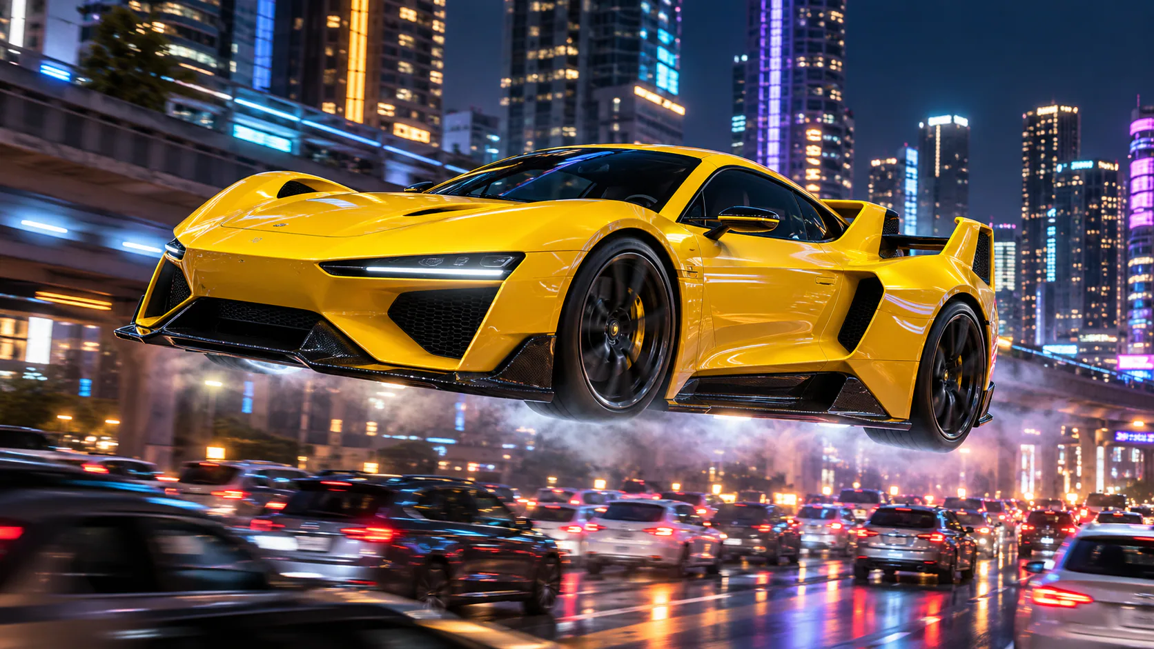 Tesla Roadster AI 视频示例：亮黄色赛道跑车飞越霓虹城市堵车